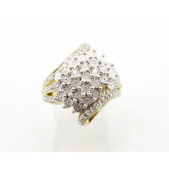 925 Silver Genuine Diamonds Cluster Two Tone Cocktail Ring Sz 7 RG13385
